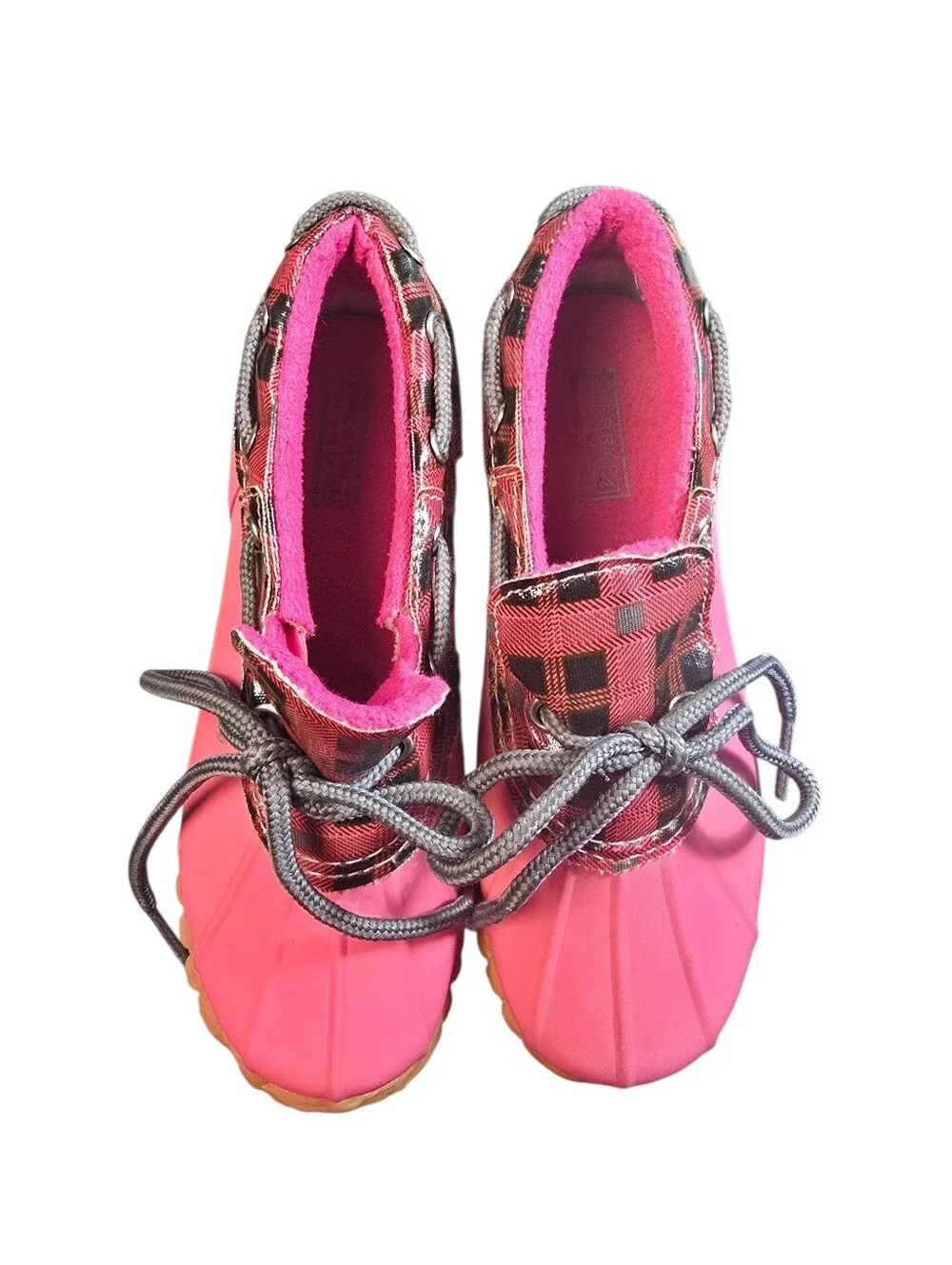 Sperry Girls Saltwater Duckie Boots Red Plaid Pattern Pink Bottom Sz.13